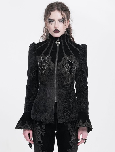 Devil Fashion Black Gothic Velvet Retro Pattern Lace Applique Fitted Jacket for Women