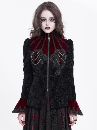 Devil Fashion Red Gothic Retro Embroidered Lace Applique Fitted Jacket for Women