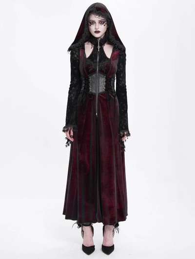 Devil Fashion Red Gothic Velvet Hollow Out Flared Sleeve Hooded Long Coat for Women