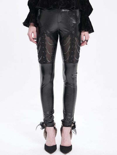 Devil Fashion Black Gothic Punk Mesh Chain Synthetic Leather Pants for Women