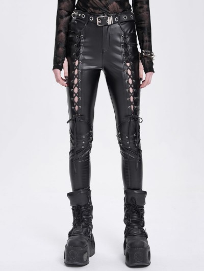 Devil Fashion Black Gothic Punk Hollow Out Lace-Up Synthetic Leather Pants for Women