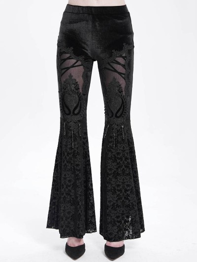 Devil Fashion Black Gothic Retro Sexy Velvet Lace Applique Flared Pants for Women