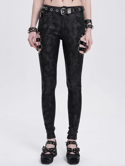 Devil Fashion Black Gothic Punk Skull Rivet Cutout Buckle Skinny Pants for Women