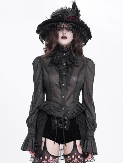 Devil Fashion Black Retro Gothic Sexy Long Sleeve Ruffle Shirt for Women