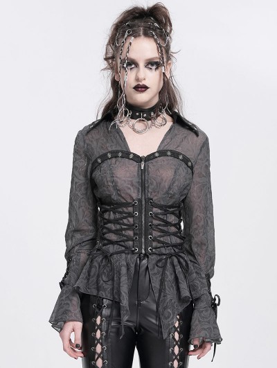 Devil Fashion Grey Gothic Sheer Lace-Up Lapel Shirt for Women