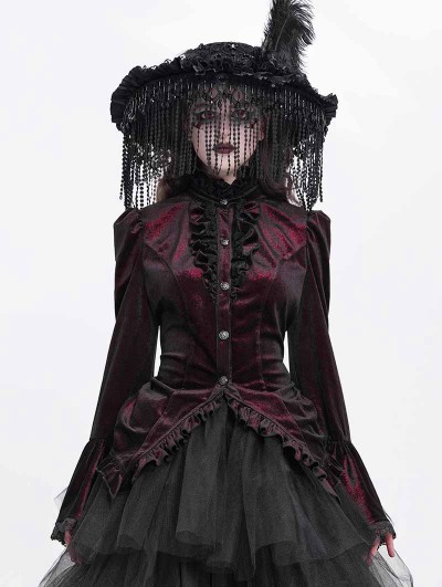 Devil Fashion Red Retro Gothic Velvet Long Sleeve Blouse for Women