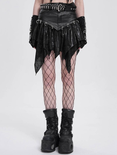 Devil Fashion Black Gothic Punk O-Ring Irregular Spliced Pleated Mini Skirt