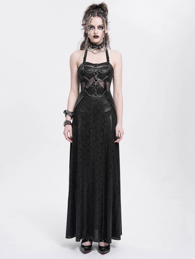Devil Fashion Black Sexy Gothic Punk Chain Halter Neck Tie Back Maxi Dress