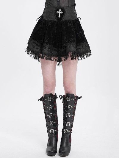 Devil Fashion Black Gothic Cross Velvet Splicing Fringe Short Skirt