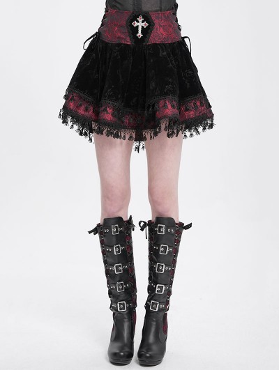 Devil Fashion Red Gothic Cross Velvet Splicing Fringe Short Skirt