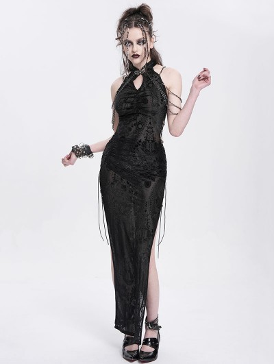Devil Fashion Black Sexy Gothic Cheongsam Style Chain Straps High Slit Maxi Dress