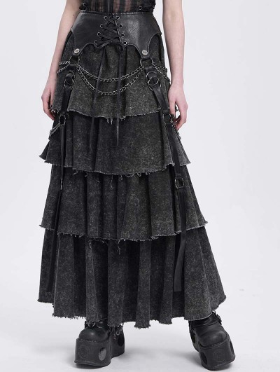 Devil Fashion Black Gothic Punk Distressed Strap Layered Ruffle Maxi Skirt