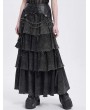 Devil Fashion Black Gothic Punk Distressed Strap Layered Ruffle Maxi Skirt