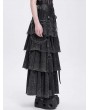 Devil Fashion Black Gothic Punk Distressed Strap Layered Ruffle Maxi Skirt