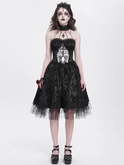 Devil Fashion Black Gothic Skeleton Beading Halter Sweetheart Midi Dress