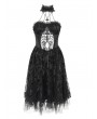 Devil Fashion Black Gothic Skeleton Beading Halter Sweetheart Midi Dress