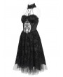 Devil Fashion Black Gothic Skeleton Beading Halter Sweetheart Midi Dress