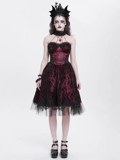 Devil Fashion Red Gothic Skeleton Beading Halter Sweetheart Midi Dress