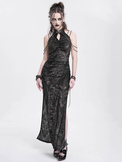 Devil Fashion Black Patterned Sexy Gothic Cheongsam Style Chain Straps High Slit Maxi Dress
