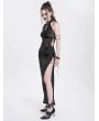Devil Fashion Black Patterned Sexy Gothic Cheongsam Style Chain Straps High Slit Maxi Dress
