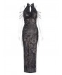 Devil Fashion Black Patterned Sexy Gothic Cheongsam Style Chain Straps High Slit Maxi Dress