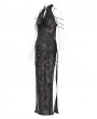 Devil Fashion Black Patterned Sexy Gothic Cheongsam Style Chain Straps High Slit Maxi Dress