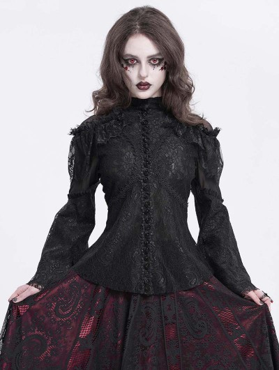 Devil Fashion Black Sexy Gothic Lace Mesh Splicing Flared Sleeve Top for Women