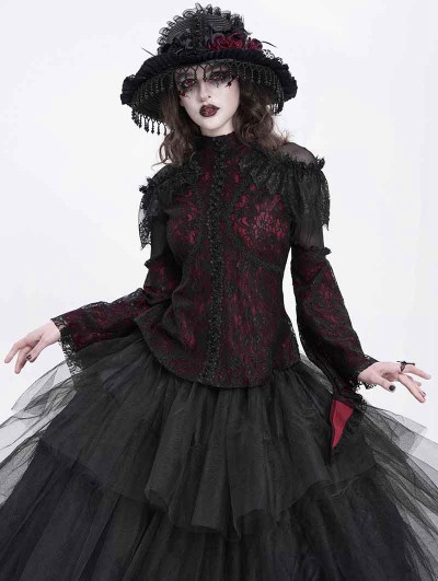 Devil Fashion Red Sexy Gothic Lace Mesh Splicing Flared Sleeve Top for Women