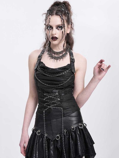 Devil Fashion Black Gothic Punk Chain Buckle Strap Halter Tank Top for Women