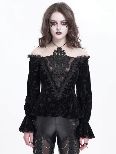 Devil Fashion Black Vintage Gothic Velvet Off-the-Shoulder Lace Appliqued Top for Women