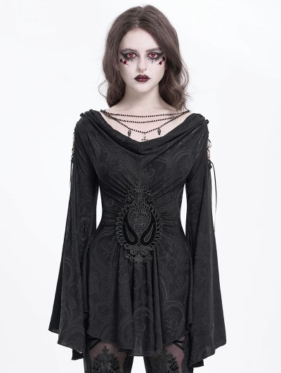 Devil Fashion Black Retro Gothic Beaded Ruched Lace Applique Bell Sleeve Top for Women