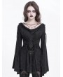 Devil Fashion Black Retro Gothic Beaded Ruched Lace Applique Bell Sleeve Top for Women