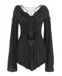 Devil Fashion Black Retro Gothic Beaded Ruched Lace Applique Bell Sleeve Top for Women