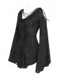 Devil Fashion Black Retro Gothic Beaded Ruched Lace Applique Bell Sleeve Top for Women
