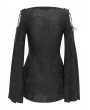 Devil Fashion Black Retro Gothic Beaded Ruched Lace Applique Bell Sleeve Top for Women
