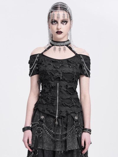 Devil Fashion Black Gothic Punk Distressed Halter Short Sleeve T-shirt for Women