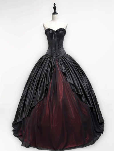 Rose Blooming Black and Red Gothic Corset Prom Ball Gowns