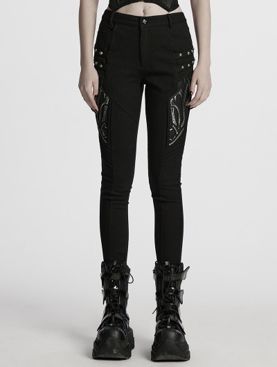 Punk Rave Black Gothic Cyberpunk Studded Patch Tight Leggings for Women