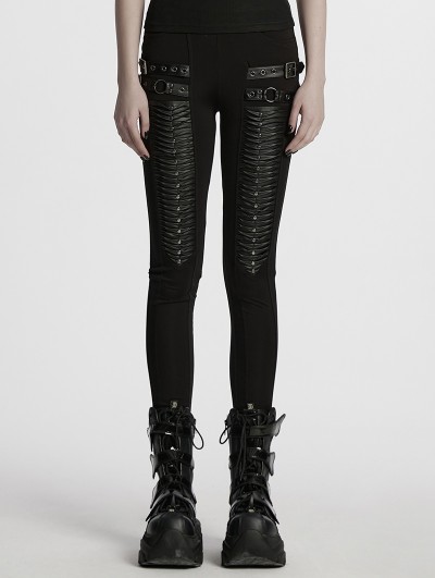 Punk Rave Black Gothic Punk Stud 3D Pleated Leggings for Women