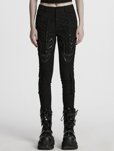 Punk Rave Black Gothic Cyberpunk Armor Patch Tight Leggings for Women