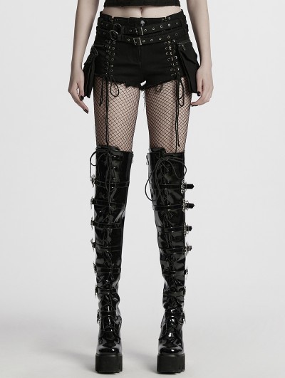 Punk Rave Black Gothic Punk 3D Pockets Denim Hollow Shorts for Women