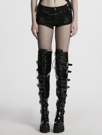 Punk Rave Black Gothic Punk Sexy Women's Denim Shorts with Detachable Chain