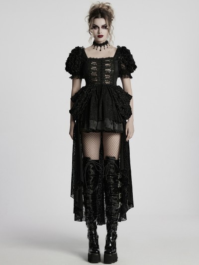 Punk Rave Black Embroidered Lace Gothic Lolita Short Sleeve High-Low Party Dress