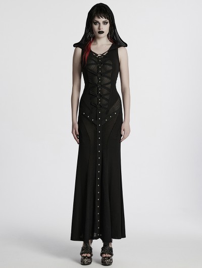 Punk Rave Black Sexy Gothic Punk Hooded Sleeveless Long Fishtail Dress