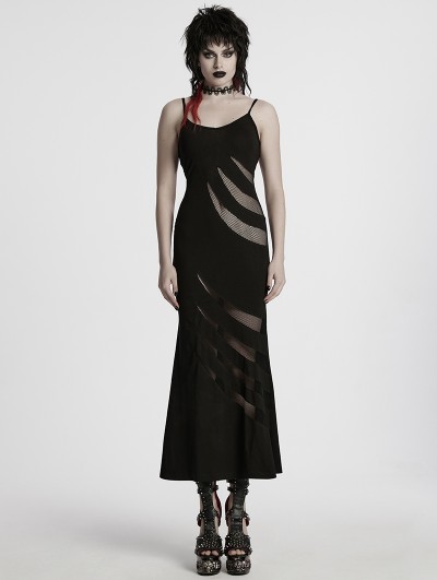 Punk Rave Black Gothic Punk Mesh Splicing Sexy Slip Long Fishtail Dress