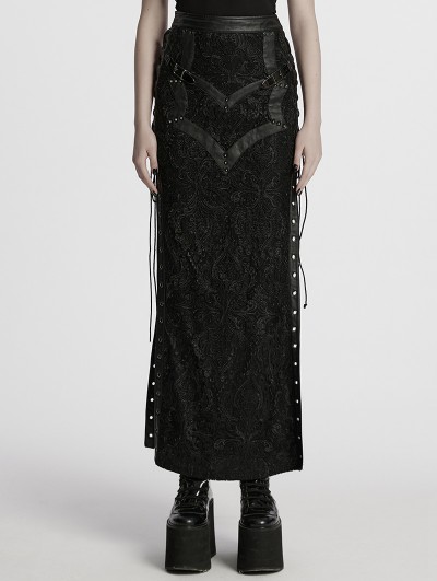 Punk Rave Black Sexy Gothic Embroidered Lace Pattern Side Slit Long Skirt
