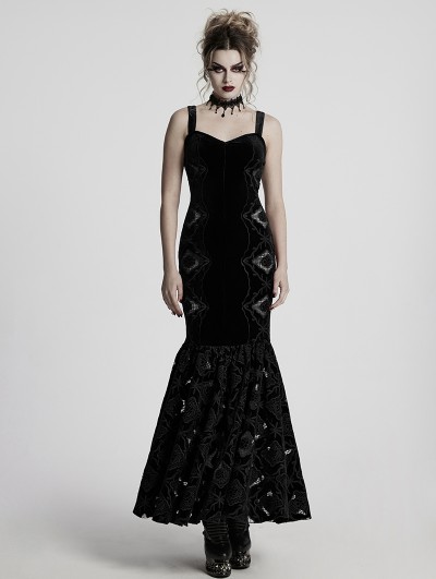 Punk Rave Black Gothic Retro Velvet Embroidered Long Fishtail Party Dress