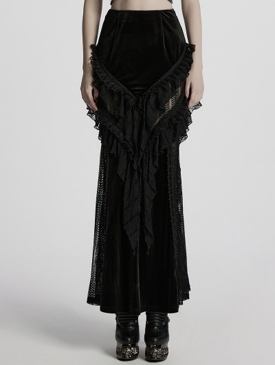 Punk Rave Black Gothic Lace Mesh Splicing Long Fishtail Velvet Skirt