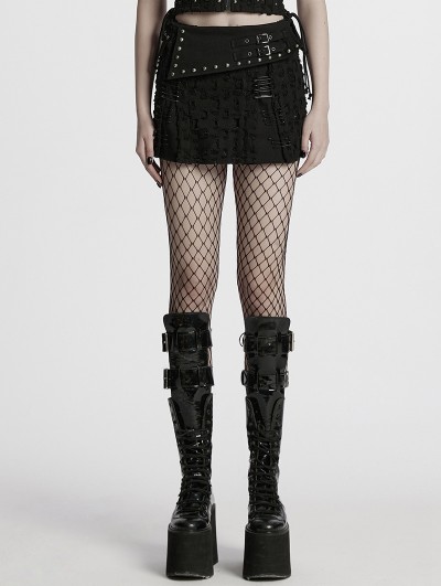 Punk Rave Black Gothic Decadent Punk Studded Denim Mini Skirt