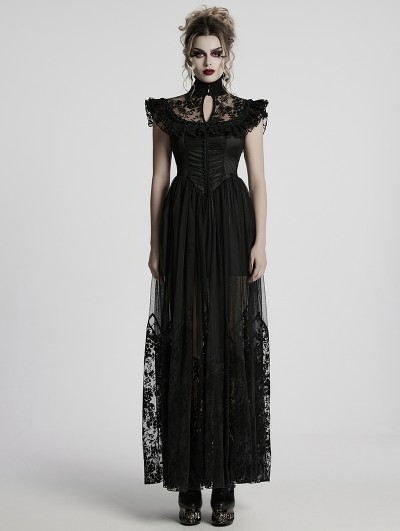 Punk Rave Black Gothic Flocking Mesh Spliced Flutter Sleeve Long Party Dress